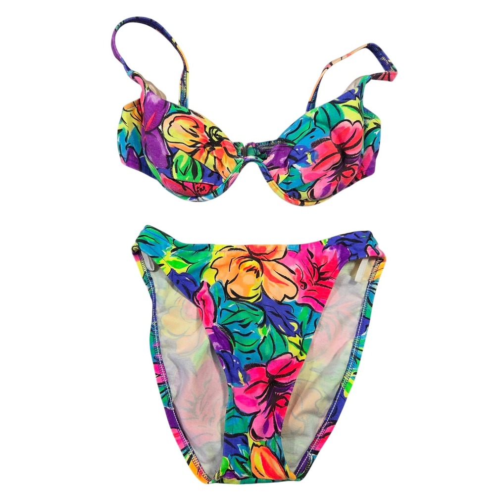 Vtg 90s Sassafras Neon Floral Bikini Set Underwire High Cut 90s Swimsuit Women S